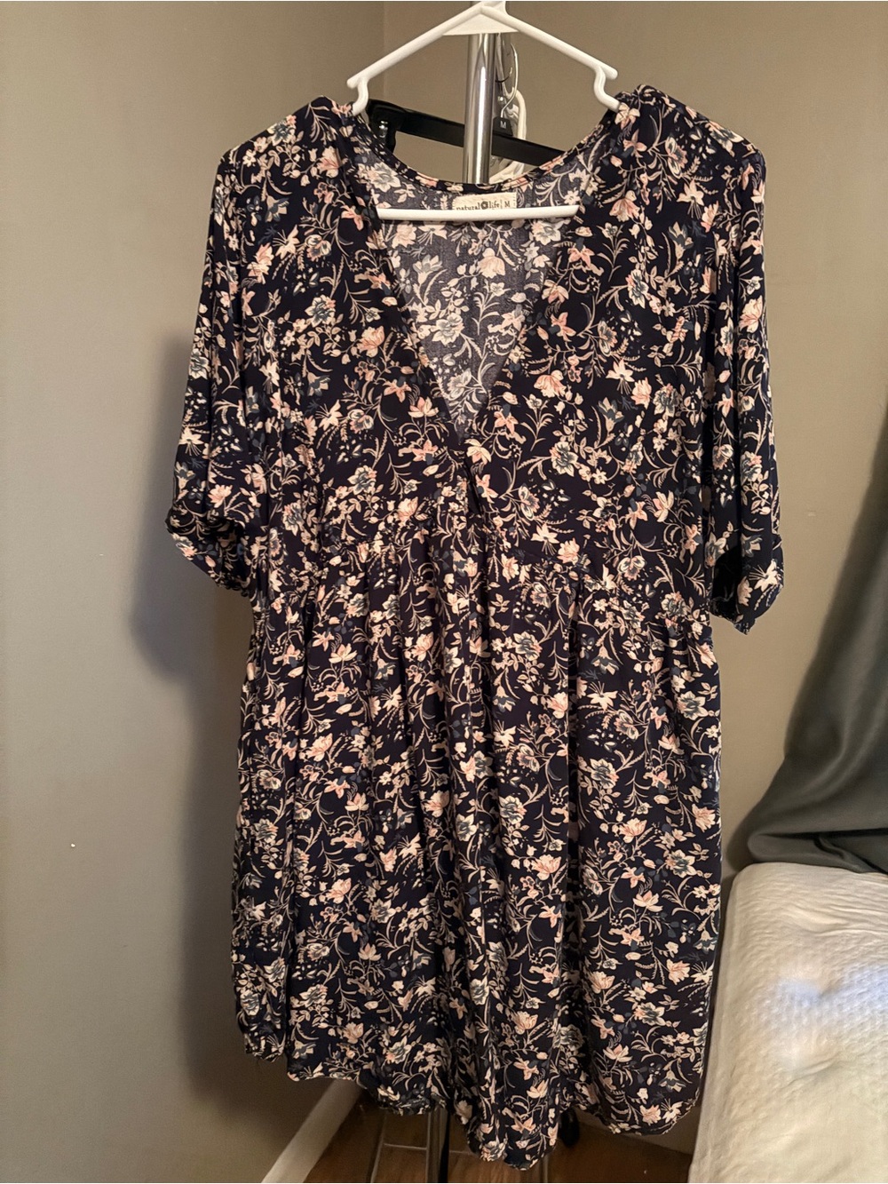 NATURAL LIFE Navy Floral Mini Dress with Cream and Light Pink Accents